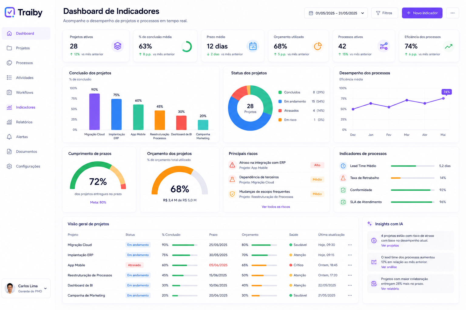 Tela de Dashboards na Traiby